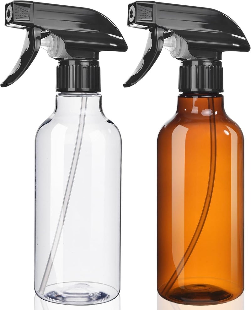 Uineko Spray Bottles 2-Pack, 10 Oz, Mist & Stream, Heavy Duty Spraying Empty Water Sprayer Bottle, BPA Free Plastic Refillable Containers for Cleaning Solutions, Plants, Hair, Essential Oils (Clear & Amber) - Image 1